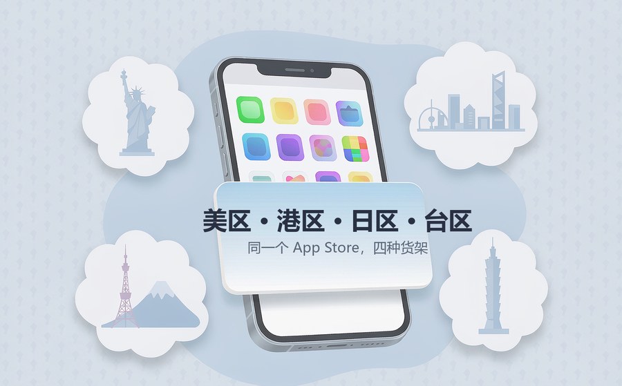 四大区服苹果ID对比：美区港区日区台区应用商店货架示意图