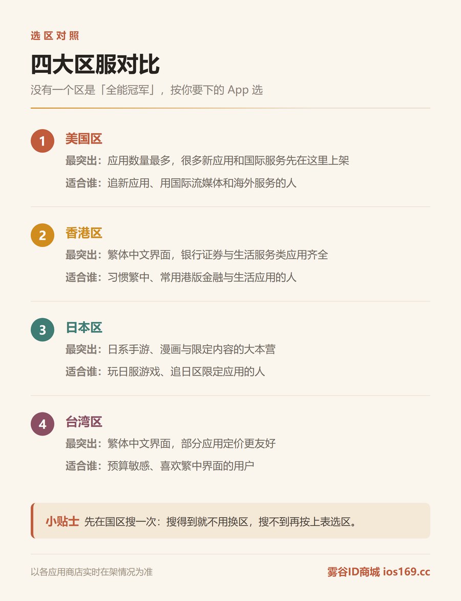 美区港区日区台区苹果ID对比表：应用丰富度与适合人群